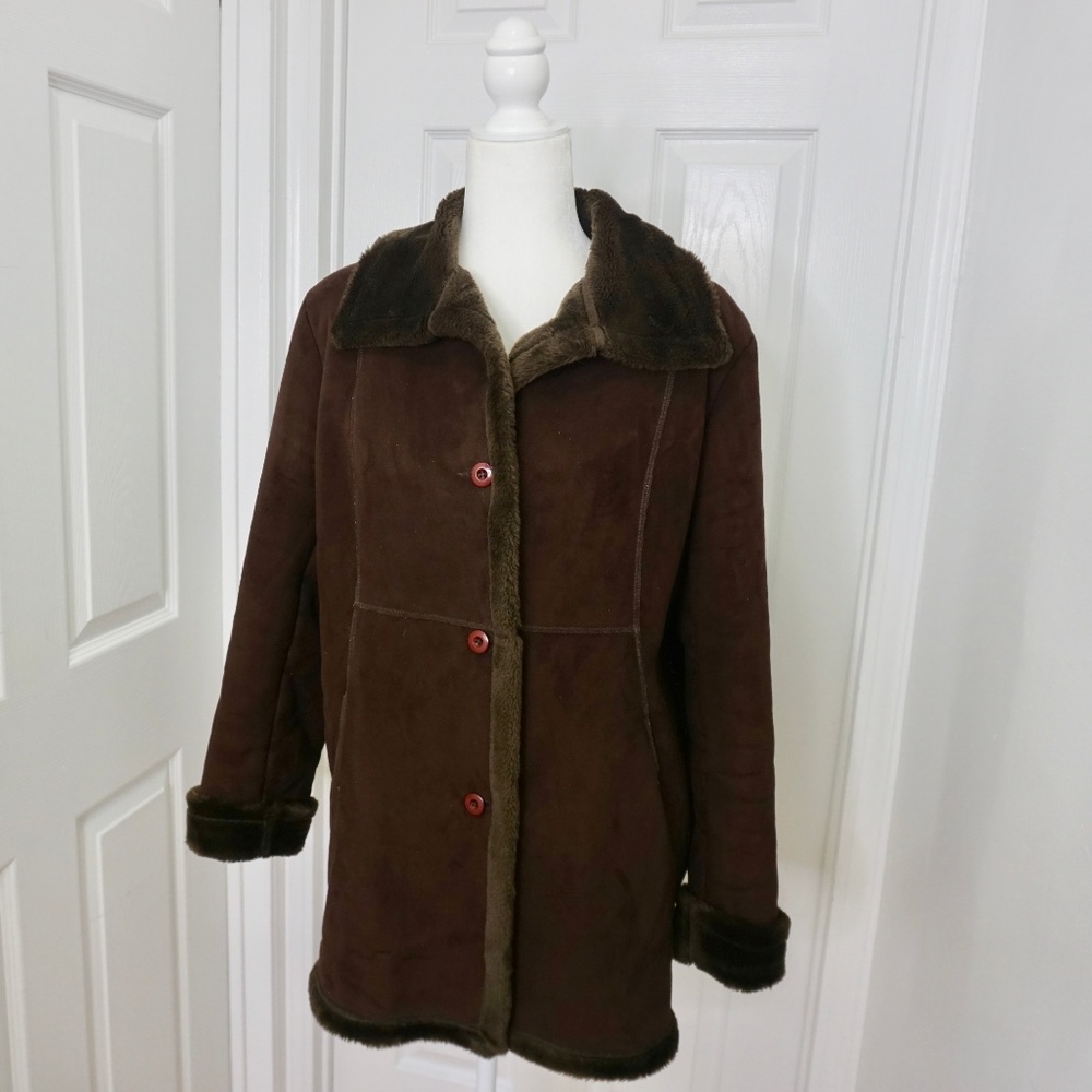 ๐ VINTAGE MURANO Brown Faux Suede/Fur Jacket (L) - Picture 2 of 8
